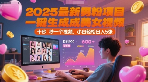 2025最新男粉项目，一键生成美女视频，日引600+色粉 十秒一个视频，小白轻松日入5张【揭秘】-星火轻创