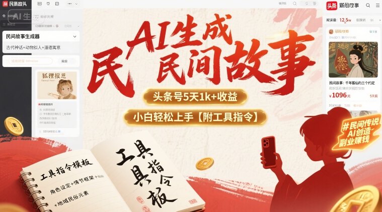 AI生成民间故事，头条号5天1k+，小白轻松上手【附工具指令】-星火轻创