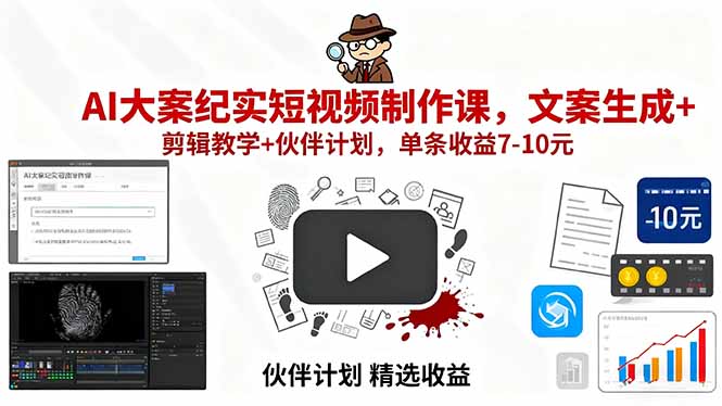 AI大案纪实短视频制作课，文案生成+剪辑教学+伙伴计划，单条收益7-10元-星火轻创
