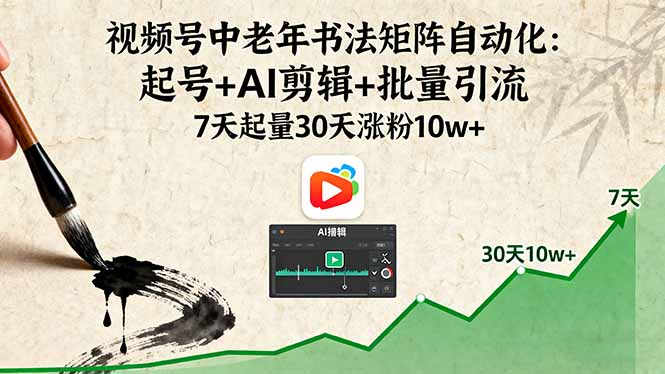 视频号中老年书法矩阵自动化：起号+AI剪辑+批量引流 7天起量30天涨粉10w+-星火轻创