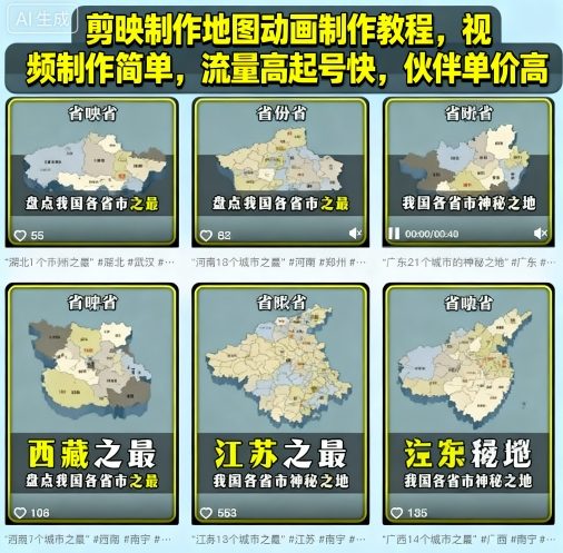 剪映制作地图动画制作教程，视频制作简单，流量高起号快，伙伴单价高-星火轻创