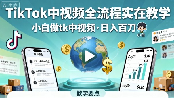 TikTok中视频全流程实操教学，小白做tk中视频，日入百刀-星火轻创