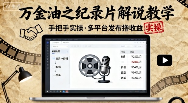 万金油之纪录片解说教学，手把手教你，完全实操，多平台发布撸收益-星火轻创