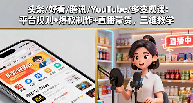 头条/好看/腾讯/YouTube/多变现课：平台规则+爆款制作+直播带货，三维教学-星火轻创