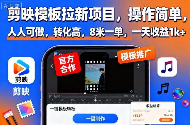剪映模板拉新项目,操作简单,人人可做,转化高,8米一单,一天收益1k+