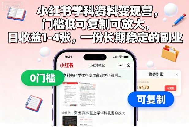 小红书学科资料变现营，门槛低可复制可放大，日收益1-4张，一份长期稳定的副业-星火轻创