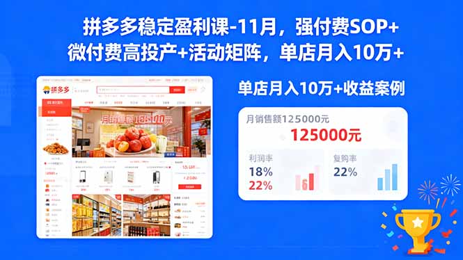 拼多多稳定盈利课-11月，强付费SOP+微付费高投产+活动矩阵，单店月入10万+-星火轻创