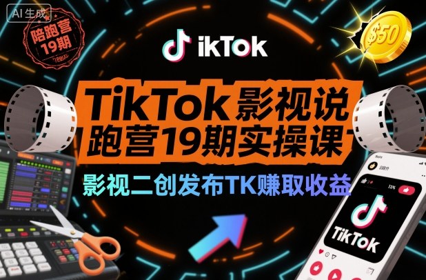 TikTok影视解说陪跑营19期实操课，影视二创发布TK賺取收益，万播收益50美金-星火轻创