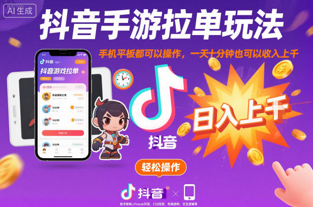 抖音手游拉单玩法，手机平板都可以操作，一天十分钟也可以收入上K【揭秘】-星火轻创