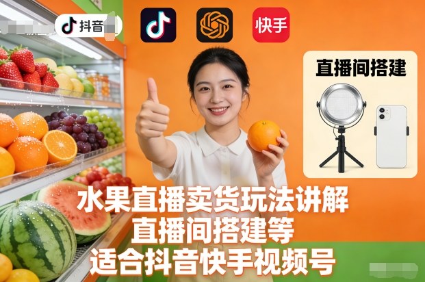 水果直播卖货玩法讲解、直播间搭建等，适合抖音快手视频号-星火轻创