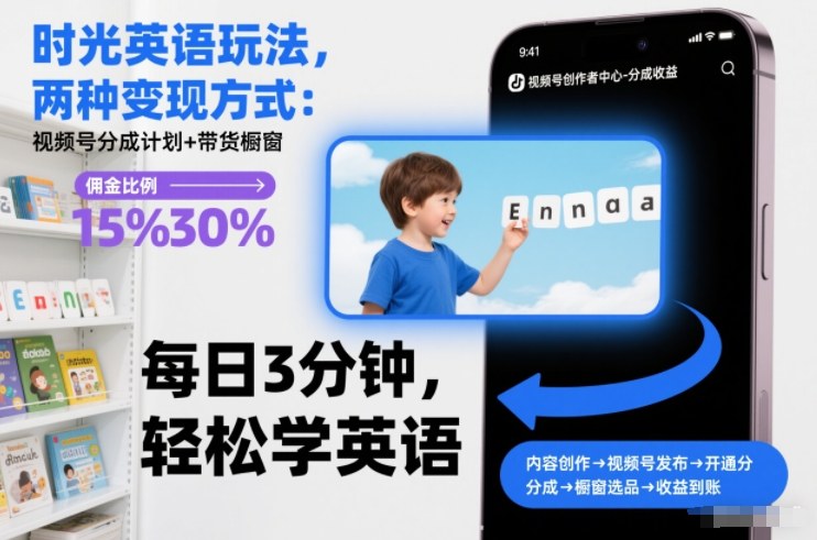时光英语玩法，两种变现方式：视频号分成计划+带货橱窗-星火轻创