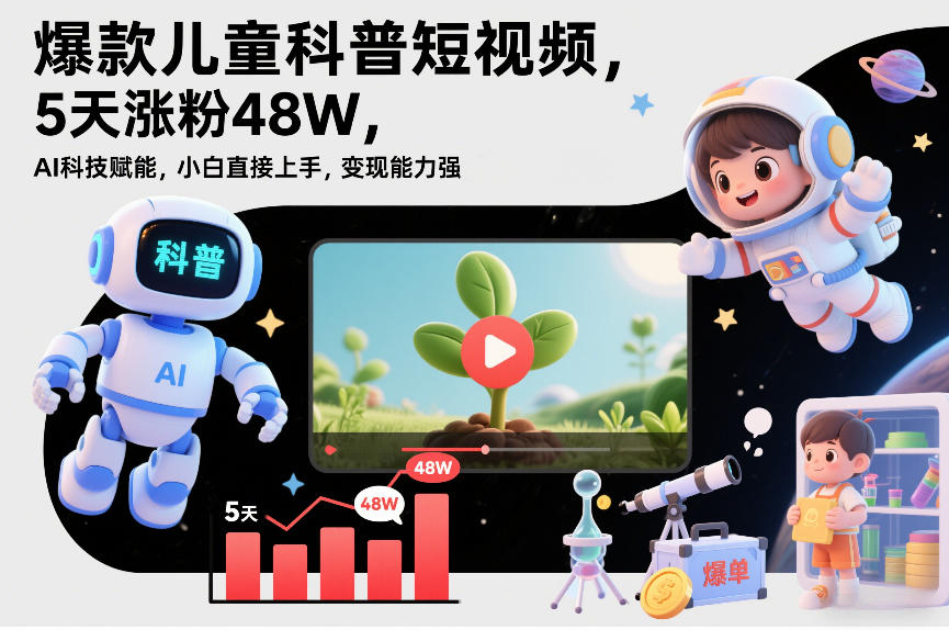 爆款儿童科普短视频，5天涨粉48W，AI科技赋能，小白直接上手，变现能力强，橱窗带货爆单不停-星火轻创