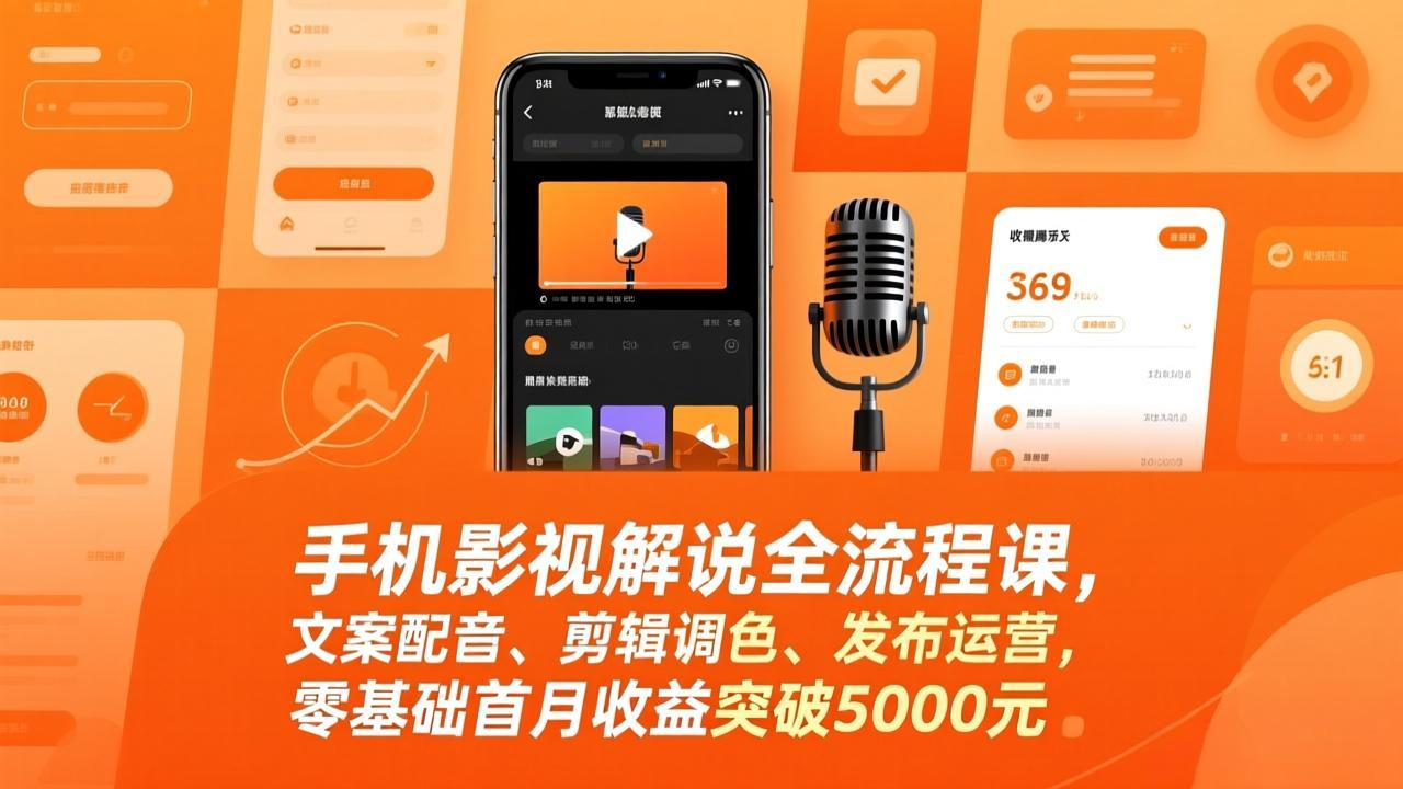 手机影视解说全流程课，文案配音、剪辑调色、发布运营，零基础首月收益突破5000元-星火轻创