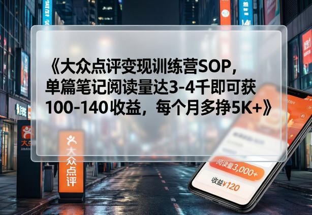 大众点评变现训练营SOP，单篇笔记阅读量达3-4千即可获100-140收益，每个月多挣5K+-星火轻创