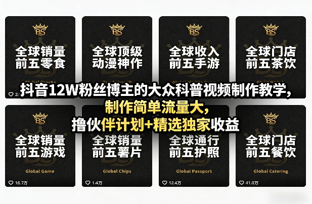抖音12W粉丝博主的大众科普视频制作教学，制作简单流量大，撸伙伴计划+精选独家收益-星火轻创
