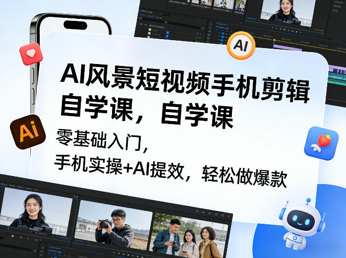 AI风景短视频手机剪辑自学课，零基础入门，手机实操+AI提效，轻松做爆款-星火轻创
