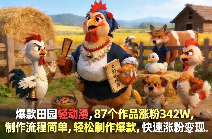 爆款田园轻动漫，87个作品涨粉342W，制作流程简单，轻松制作爆款，快速涨粉变现-星火轻创