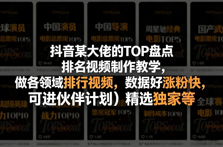 抖音某大佬的TOP盘点排名视频制作，做各领域排行视频，数据好涨粉快，可进伙伴计划＋精选独家等-星火轻创