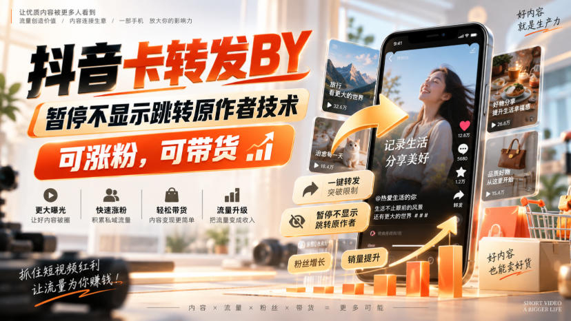 抖音卡转发搬运，暂停不显示跳转原作者技术，可涨粉，可带货-星火轻创