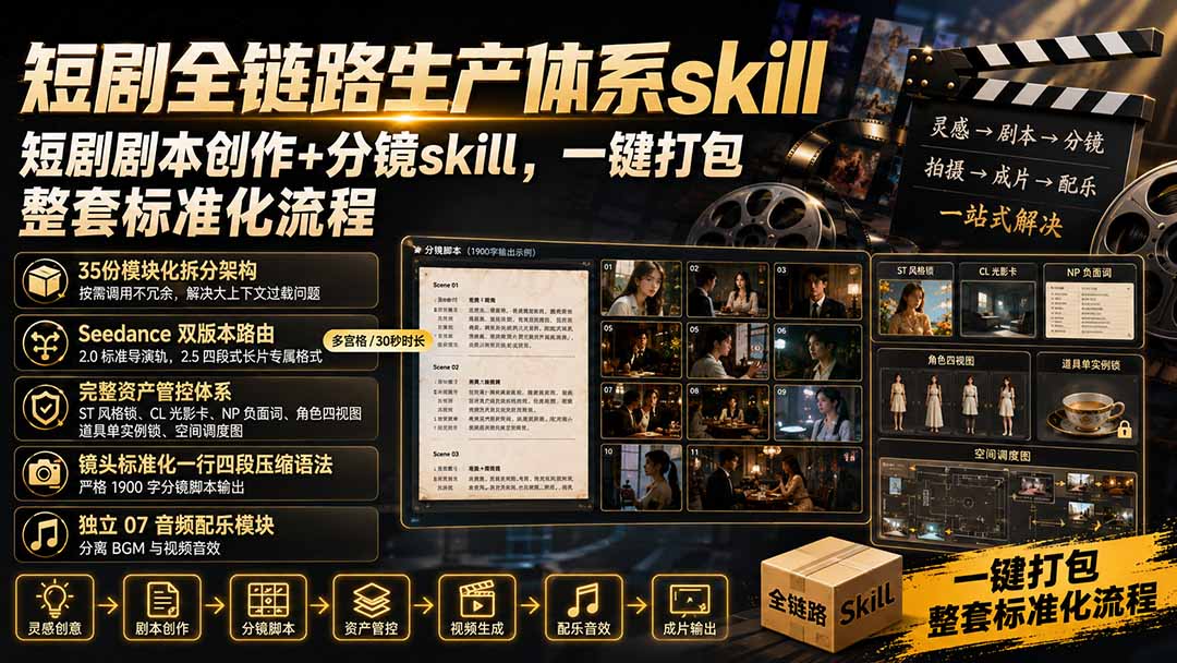 短剧全链路生产体系skill，短剧剧本创作+分镜skill，一键打包，整套标准化流程-星火轻创