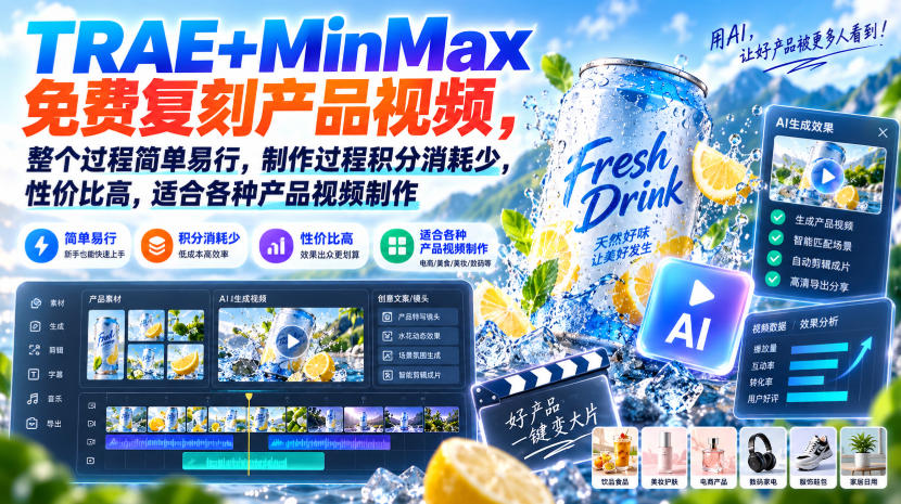 TRAE+MinMax免费复刻产品视频，整个过程简单易行，制作过程积分消耗少，性价比高，适合各种产品视频制作-星火轻创