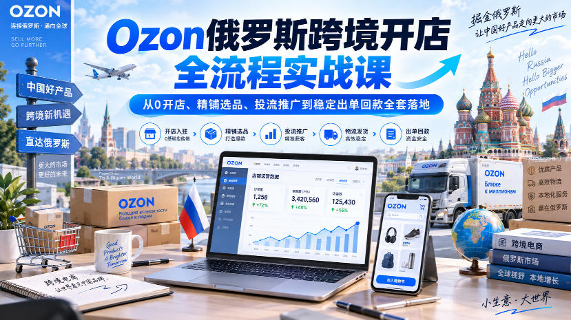 Ozon俄罗斯跨境开店全流程实战课｜从0开店、精铺选品、投流推广到稳定出单回款全套落地-星火轻创