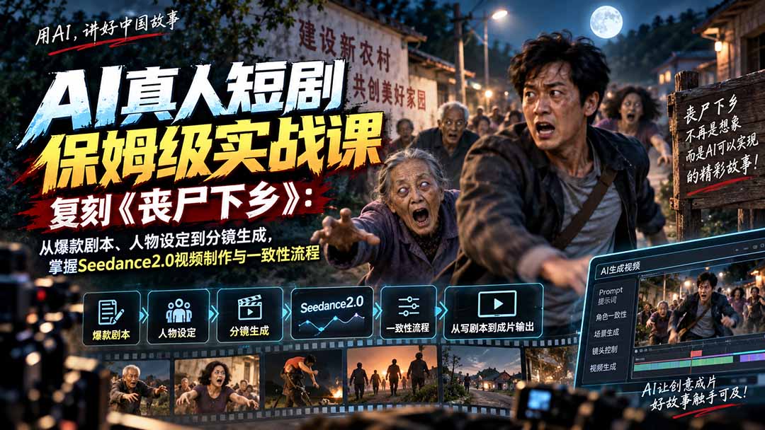 AI真人短剧保姆级实战课，复刻《丧尸下乡》：从爆款剧本、人物设定到分镜生成，掌握Seedance2.0视频制作与一致性流程-星火轻创