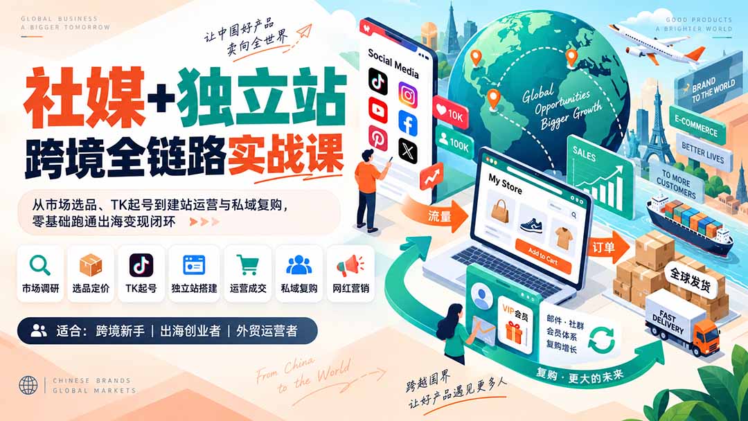 社媒+独立站跨境全链路实战课：从市场选品、TK起号到建站运营与私域复购，零基础跑通出海变现闭环-星火轻创