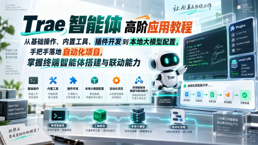 Trae智能体高阶应用教程，从基础操作、内置工具、插件开发到本地大模型配置，手把手落地自动化项目-星火轻创