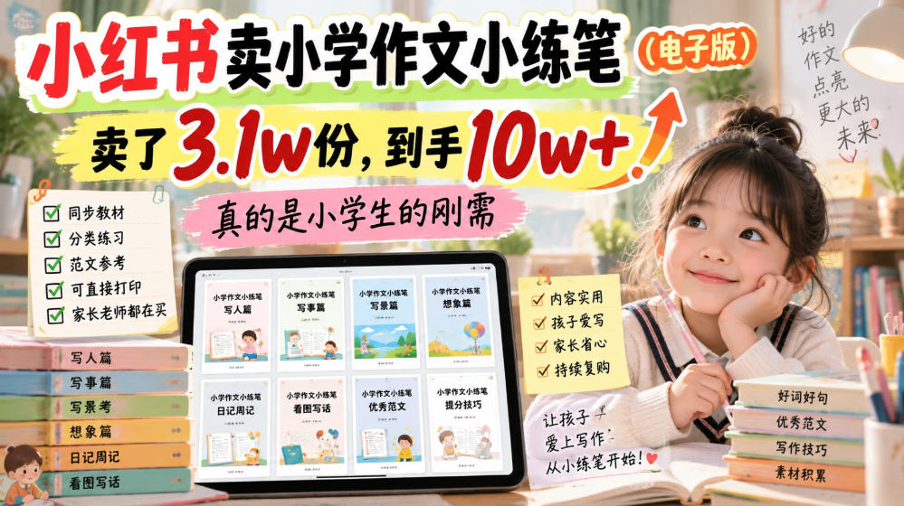 小红书卖小学作文小练笔(电子版)，卖了3.1w份，到手10w+，真的是小学生的刚需-星火轻创