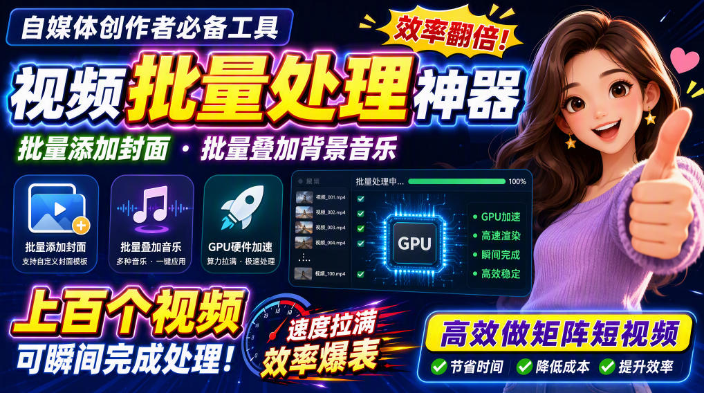 视频批量加封面，把封面添加到视频第一帧，不用剪辑软件批量添加-星火轻创