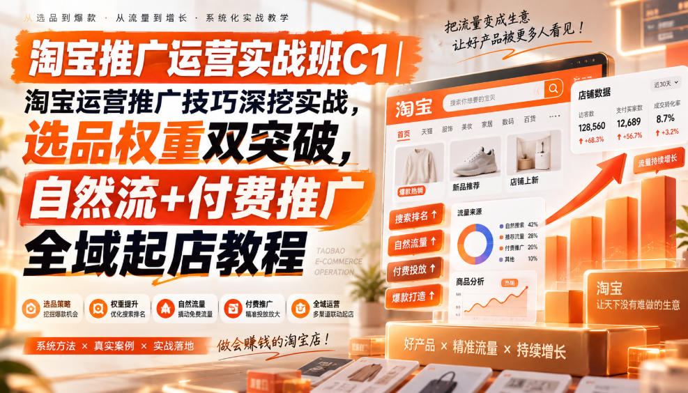 淘宝推广运营实战班C1｜淘宝运营推广技巧深挖实战，选品权重双突破，自然流+付费推广全域起店教程-星火轻创