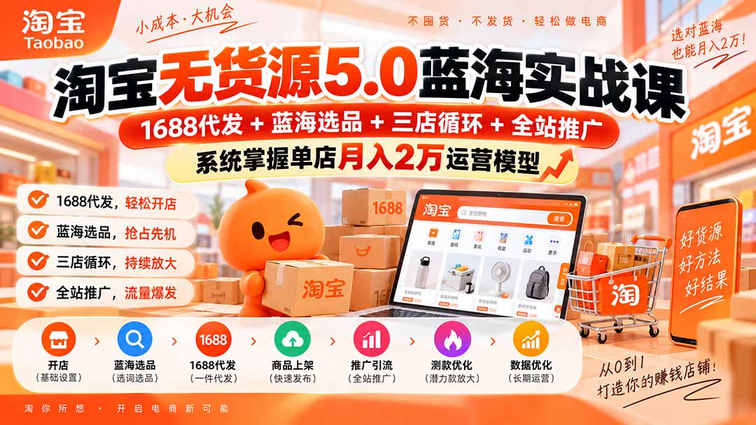 淘宝无货源5.0蓝海实战课-更新：1688代发+蓝海选品+三店循环+全站推广，系统掌握单店月入2万运营模型-星火轻创