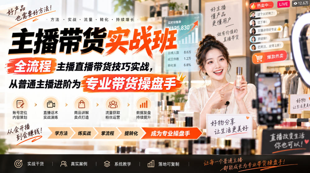 主播带货实战班ZB，全流程主播直播带货技巧实战，从普通主播进阶为专业带货操盘手-星火轻创