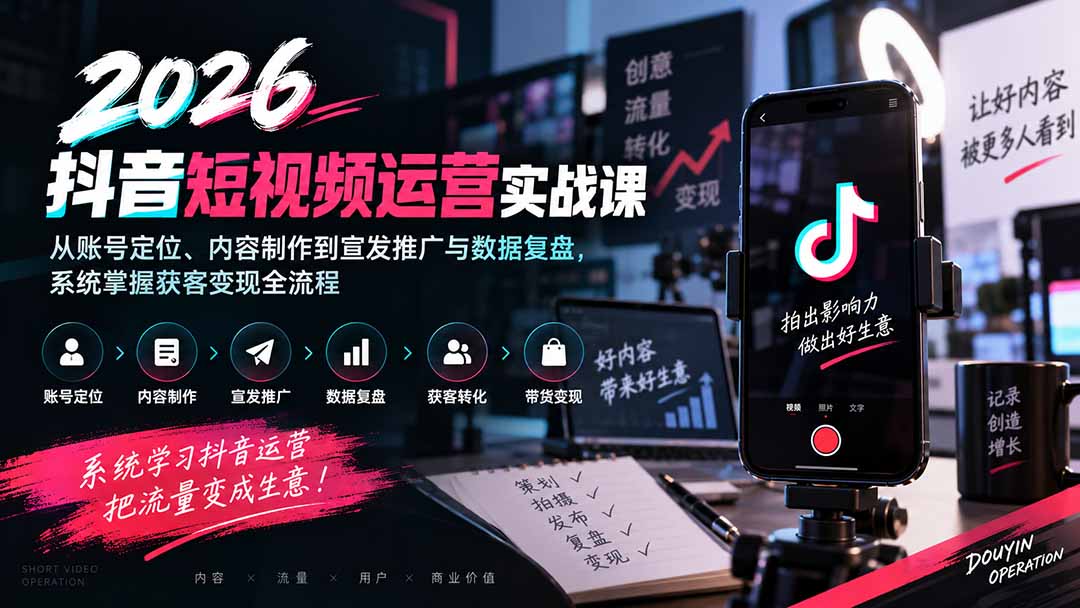 2026抖音短视频运营实战课：从账号定位、内容制作到宣发推广与数据复盘，系统掌握获客变现全流程-星火轻创