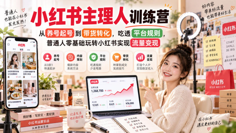 小红书主理人训练营，从养号起号到带货转化，吃透平台规则，普通人零基础玩转小红书实现流量变现-星火轻创