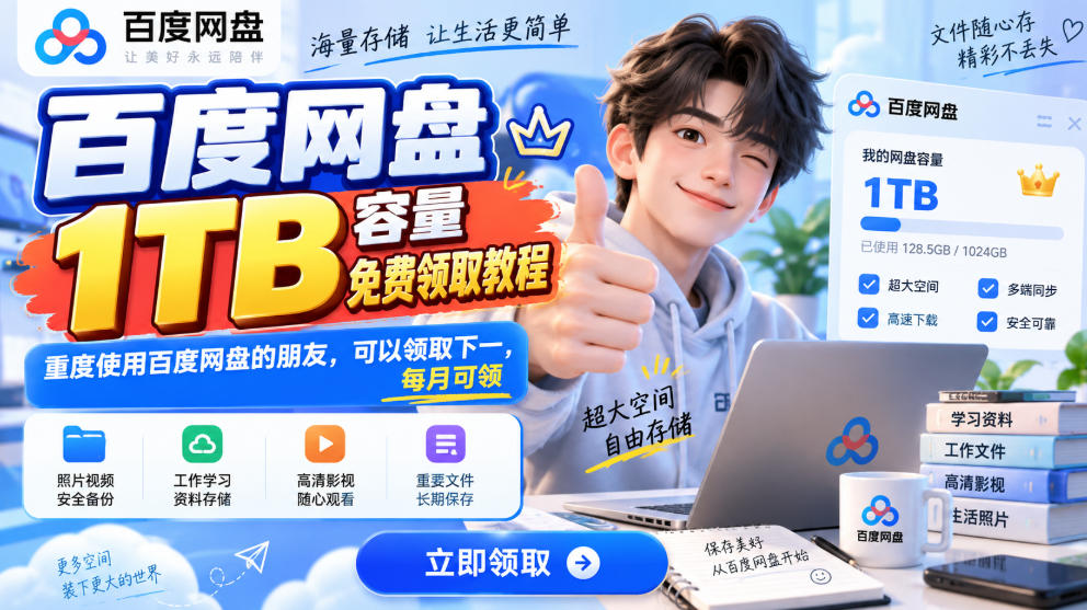 百度网盘1TB容量免费领取教程，重度使用百度网盘的朋友，可以领取下一，每月可领-星火轻创