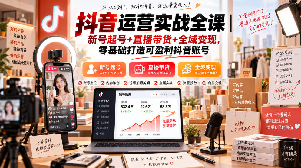 抖音运营实战全课｜新号起号+直播带货+全域变现，零基础打造可盈利抖音账号-星火轻创