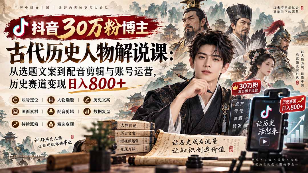 抖音30万粉博主古代历史人物解说课：从选题文案到配音剪辑与账号运营，历史赛道变现日入800+-星火轻创