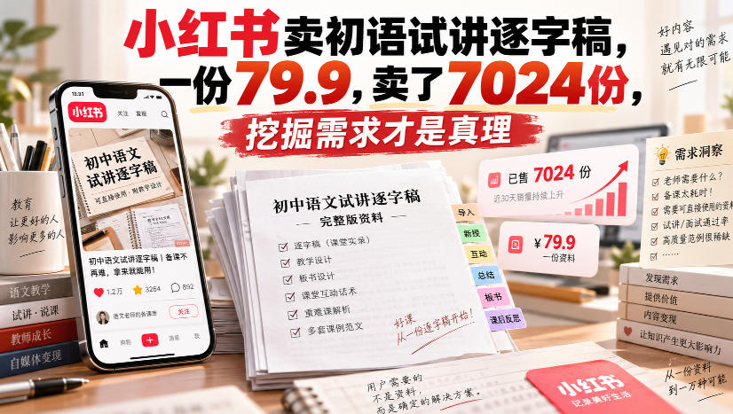 小红书卖初语试讲逐字稿，一份79.9，卖了7024份，挖掘需求才是真理-星火轻创
