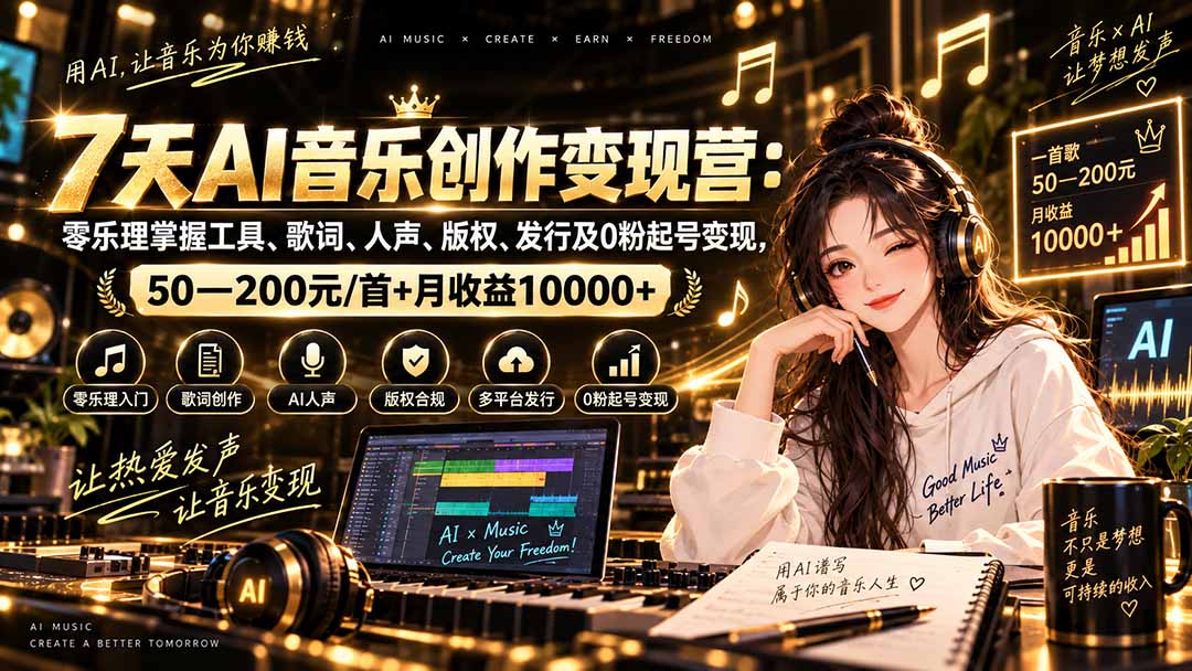AI音乐创作变现营：零乐理掌握工具、歌词、人声、版权、发行及0粉起号变现，50—200元/首+月收益10000+-星火轻创