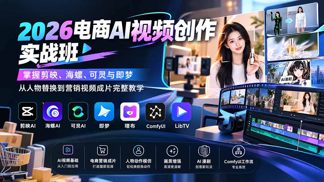 2026电商AI视频创作实战班：掌握剪映、海螺、可灵与即梦，从人物替换到营销视频成片完整教学-星火轻创