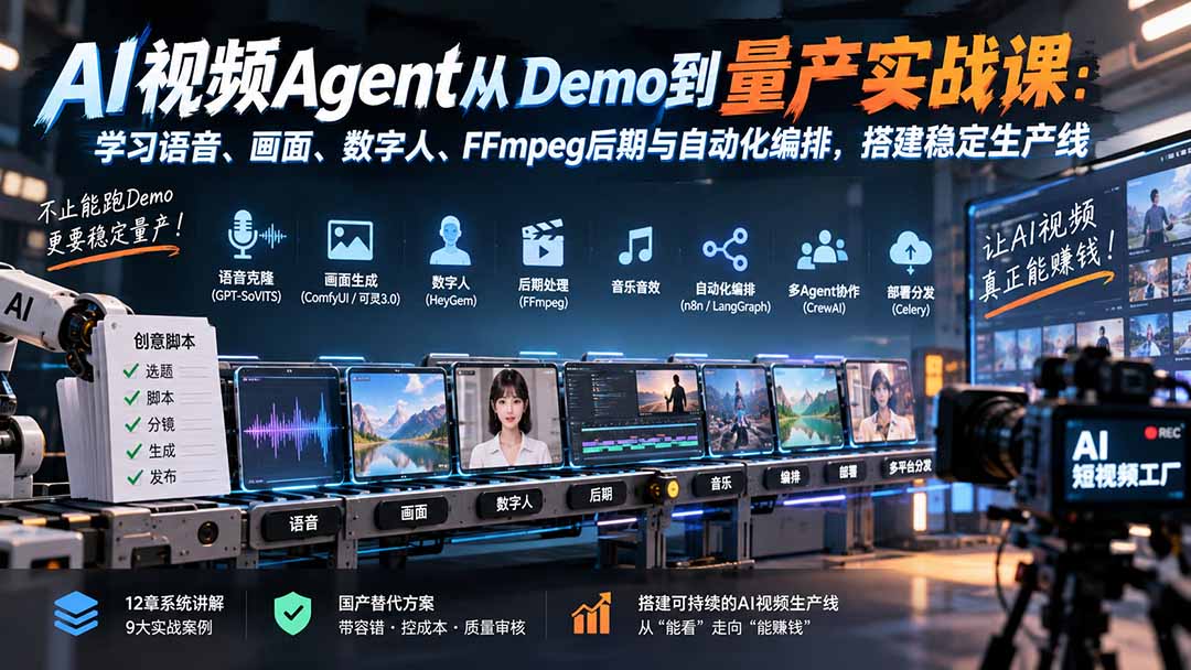 AI视频Agent从Demo到量产实战课：学习语音、画面、数字人、FFmpeg后期与自动化编排，搭建稳定生产线-星火轻创