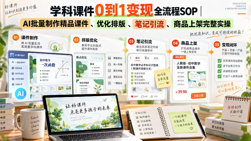 学科课件0到1变现全流程SOP｜AI批量制作精品课件、优化排版、笔记引流、商品上架完整实操​-星火轻创