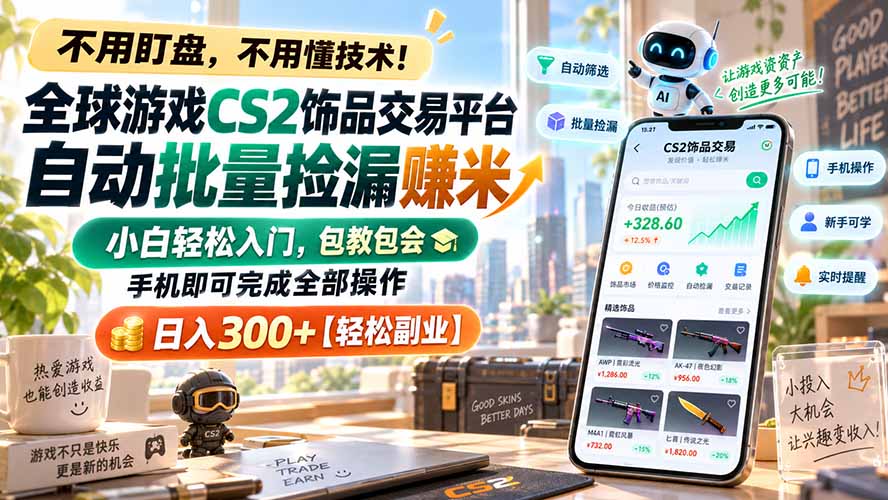 全球游戏CS2饰品交易平台自动批量捡漏赚米，小白轻松入门，包教包会，手机即可完成全部操作，日入300+【轻松副业】-星火轻创