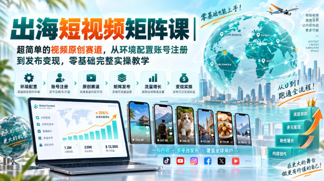 出海短视频矩阵课｜超简单的视频原创赛道，从环境配置账号注册到发布变现，零基础完整实操教学-星火轻创
