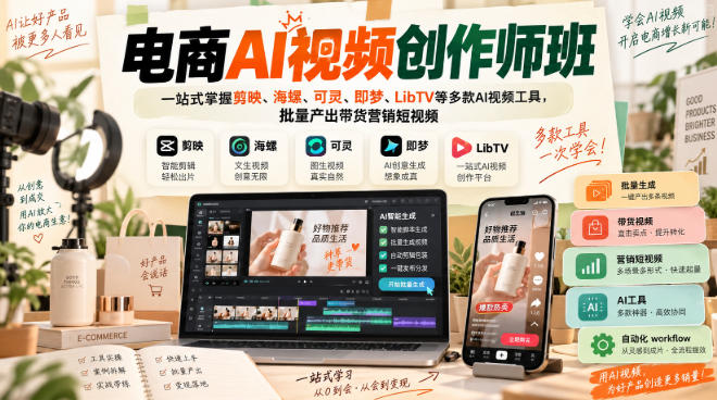 电商AI视频创作师班，一站式掌握剪映、海螺、可灵、即梦、LibTV等多款AI视频工具，批量产出带货营销短视频-星火轻创