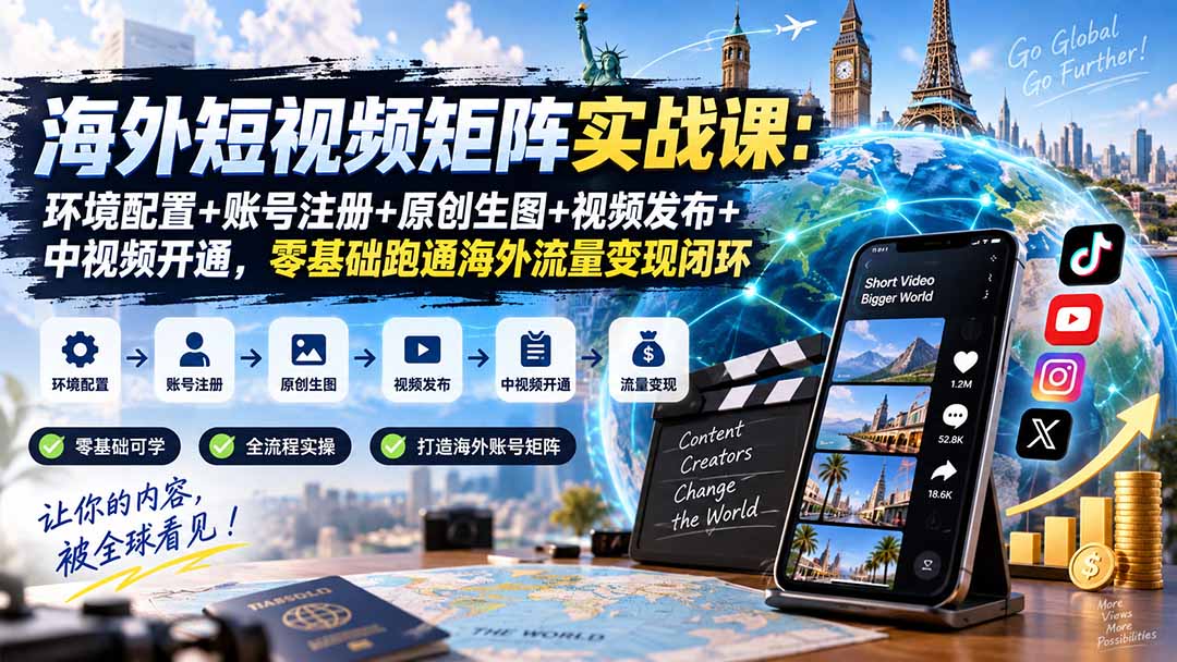 海外短视频矩阵实战课：环境配置+账号注册+原创生图+视频发布+中视频开通，零基础跑通海外流量变现闭环-星火轻创