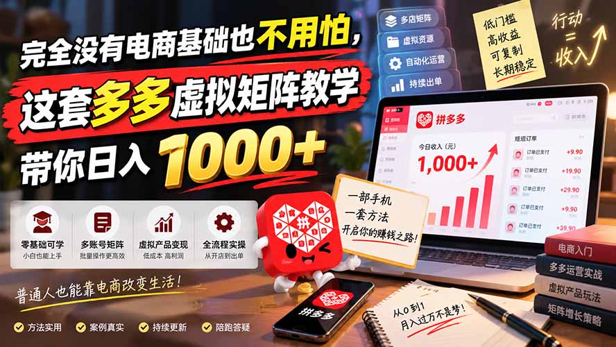 完全没有电商基础也不用怕，这套多多虚拟矩阵教学带你日入 1000+-星火轻创