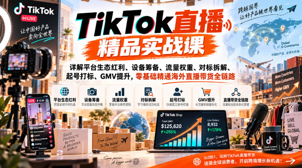 TikTok直播精品实战课，详解平台生态红利、设备筹备、流量权重、对标拆解、起号打标、GMV提升，零基础精通海外直播带货全链路-星火轻创